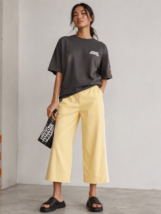 Bold Spirit Pants - Bold Spirit Womens XL Yellow Cropped Pants Wide Leg White Stripe Casual Lounge